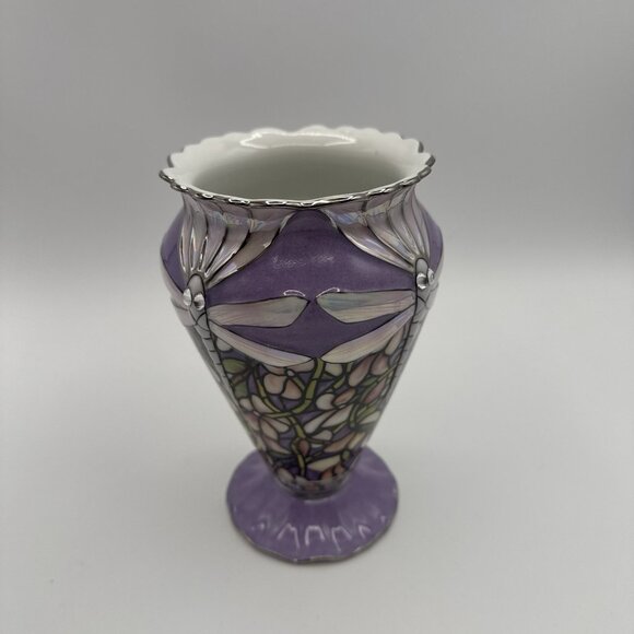 VTG Louis Tiffany Bradford Exchange Glittering Dragonflies Porcelain Vase Purple - Picture 1 of 9